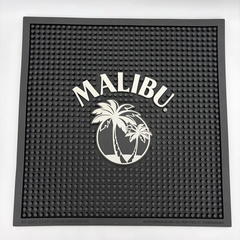 Malibu Rum Well Bar Mat Black White Palm Tree Logo 14" Square Mixology Tropical